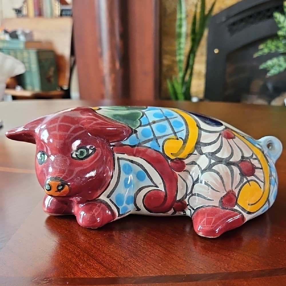 Handcrafted Mexican Talavera Red Clay Majolica Pig Folk Art